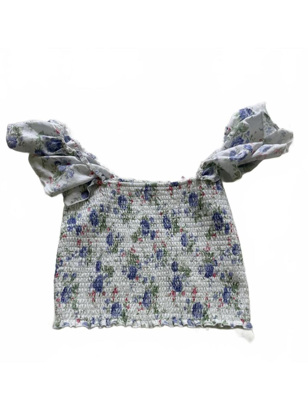 ALTAR'D STATE blue/pink/white floral smocked crop top SIZE M Cottage Core Luxury